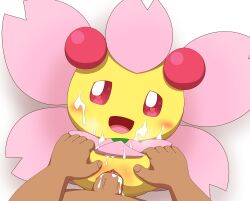 <3_eyes blush bodily_fluids cherrim cum cum_in_pussy cum_inside cum_on_face duo female generation_4_pokemon genital_fluids genitals heart hi_res holding_partner human humanoid_genitalia humanoid_penis interspecies larger_human larger_male male male/female mammal minami_(artist) nintendo penetration penile penile_penetration penis penis_in_pussy pink_body pink_eyes pokemon pokemon_(species) pokephilia pussy pussy_juice sex shiny_pokemon simple_background size_difference smaller_female smaller_penetrated sunshine_form_cherrim vaginal_penetration vaginal_penetration white_background