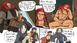 3boys animal_ears bara beard blue_hair cmnm comic dark-skinned_male dark_skin fire_emblem fire_emblem:_radiant_dawn ike_(fire_emblem) laguz_(race) long_hair male_only muscular muscular_male penis presenting pubic_hair red_hair skrimir_(fire_emblem) soren_(fire_emblem) tetrahomoerotica twink uncut