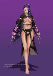 big_breasts braid braided_hair breasts cosplay ear_ring earrings female king_of_fighters long_hair luong_(kof) midriff mileena_(cosplay) mortal_kombat mortal_kombat:_deception painted_nails painted_toenails purple_eyes purple_hair sai_(weapon) smile smiling snk solo solo_female thighs thotlerrr treartz weapon