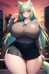 1girls :) ai_generated animal_ear_fluff animal_ears arknights big_breasts big_thighs blush breasts breasts_bigger_than_head busty cardigan city closed_mouth closed_smile cute enormous_breasts enormous_thighs female female_only fluffy fluffy_ears fluffy_tail giant_breasts giant_thighs gigantic_breasts gigantic_thighs green_eyes green_hair grey_cardigan harmonie_(arknights) hips hips_wider_than_shoulders huge_breasts huge_thighs hyper_breasts hyper_thighs large_breasts large_thighs legs light-skinned_female light_skin long_hair massive_breasts massive_thighs naughty_face naughty_smile pleated_skirt red_sky school_uniform seductive seductive_eyes seductive_gaze seductive_look seductive_mouth seductive_pose seductive_smile serafuku skirt smile smug smug_face solo solo_female stable_diffusion sunset thick thick_legs thick_thighs thighs thunder_thighs tight_clothing venus_body wide_hips wide_thighs