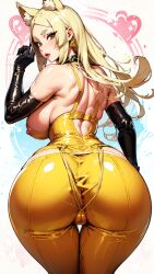 ai_generated animal_ears animal_style ass bare_shoulders black_gloves blonde_hair earring elbow_gloves female glove high_school_dxd huge_ass jewelry long_hair looking_at_viewer looking_back milf pussy shiny shiny_clothes shiny_skin yasaka_(high_school_dxd) yellow_eyes