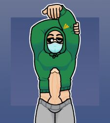 1boy balls bara big_penis bottomwear bottomwear_aside clothed clothing edit edited edited_by_why_bother56 erection gay genitals grey_pants hoodie hoodie_lift kwite male male_focus male_only mask muscular muscular_male one_eye_closed pants pants_aside penis penis_out solo solo_focus solo_male stretching sweater therabit topwear veiny_penis youtube youtuber youtuber_boy