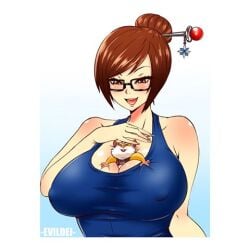 between_breasts cleavage evildei eyewear glasses hammond_(overwatch) large_breasts mei_(overwatch) micro_in_cleavage overwatch overwatch_2