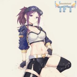 1girls ai_generated akali baseball_cap cowgirl_position idol k/da_akali k/da_series league_of_legends purple_eyes purple_hair sex straight touchfluffytails