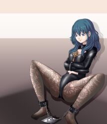 1girls arms_under_breasts ass bare_midriff big_ass blue_eyes bondage bound bound_legs bound_wrists brown_hair byleth_(fire_emblem) byleth_(fire_emblem)_(female) chains crossed_arms falalalalalalal female female_only femsub fire_emblem fire_emblem:_three_houses happy_sub leggings_down long_hair midriff nintendo pantyhose restrained shorts sitting small_breasts smile solo spread_legs straitjacket teal_eyes