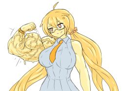 big_biceps big_breasts flexing_bicep glasses grey_shirt muscular_arm muscular_female sheepapp slime_girl smiling yellow_body yellow_eyes yellow_hair