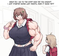 2girls big_breasts bigger_female black_shirt brown_eyes muscular_female school school_uniform schoolgirl sheepapp smaller_female