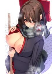 1girls bamboo_broom breasts breath breath_cloud broom brown_hair erect_nipples flashing_breasts hair_tubes heart-shaped_pupils huge_breasts japanese_clothes long_sleeves looking_at_viewer nipples no_text_version open_clothes open_mouth open_shirt red_bow red_eyes red_skirt reimu_hakurei scarf short_hair sidelocks solo_focus textless thick_thighs thighhighs touhou white_thighhighs yukito_(dreamrider)