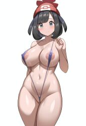 1girls aged_up ai_generated alternate_breast_size bikini black_hair breasts celia_1127 female game_freak hat hi_res large_breasts light-skinned_female light_skin naughty_face nintendo pokemon pokemon_sm selene_(pokemon) short_hair sling_bikini smile stable_diffusion