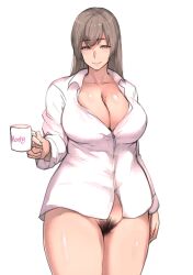 1girls 2017 bottomless breasts brown_eyes brown_hair cleavage clothing coffee_mug cup english_text eyebrows_visible_through_hair female female_only highres holding_cup holding_mug large_breasts long_hair looking_at_viewer matching_hair/eyes mature_female mug naked_shirt original partially_unbuttoned pepe_(jonasan) pubic_hair shirt simple_background smile solo standing text text_on_mug thick_thighs thighs white_background white_shirt