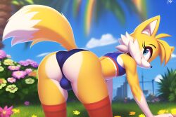 1boy ai_generated anthro ass ass_focus big_ass big_butt blue_eyes canine canis femboy feminine_male feminine_tails flower fox garden girly huge_ass huge_butt mammal miles_prower novelai panties presenting_hindquarters rainbow smile smiling smiling_at_viewer sonic_(series) sonic_the_hedgehog_(series) sunlight tails yellow_fur