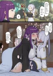 2girls bed big_breasts blush blushing english_text female female_only fence14 fern_(sousou_no_frieren) frieren gonzalo_costa large_breasts lipstick long_hair multiple_girls pointy_ears purple_hair saku_no_14 sousou_no_frieren speech_bubble text text_bubble thick_thighs thighs twintails white_hair wide_hips yuri