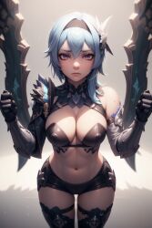 1girls ai_generated ai_hands big_breasts blue_hair breasts eula_(genshin_impact) female genshin_impact gloves hair_ornament hairband kirill782 looking_at_viewer navel solo stable_diffusion thighhighs