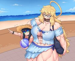 2girls abs beach black_hair blonde_hair dress_shirt glasses multiple_girls muscular_female sheepapp smaller_female smiling