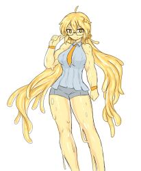 big_breasts glasses grey_shirt grey_shorts sheepapp slime_girl yellow_body yellow_eyes yellow_hair