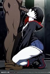 ai_generated ass boots dark-skinned_male dark_skin drooling fellatio hood_up interracial male monogatari_(series) oral oshino_ougi pale_skin public saliva