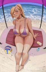 1girls beach bikini blonde_hair breasts fat_breasts feet female flat_belly foot_fetish gud0c hair_over_one_eye hi_res ino_yamanaka large_breasts light-skinned_female light_skin long_hair naruto naruto_(series) outdoors ponytail teasing thick_thighs veiny_breasts volleyball