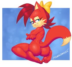 2023 arms_around_breasts ass blue_background blue_eyes bow bow_in_hair breasts ctankomega feet female female_focus female_only fiona_fox fox fox_girl furry looking_at_viewer looking_back on_knees red_fur red_hair sega sonic_(series) sonic_the_hedgehog_(series) thick_thighs thighs