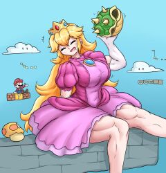 1boy 1girls big_breasts blonde_hair clothing dress female giant_female giantess giantess_growth male mario mario_(series) muscular_female outdoors princess_peach sheepapp sitting smiling super_mario_bros. tight_clothing