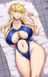 1girls akitsuki_karasu artoria_pendragon artoria_pendragon_(lancer) blonde_hair breasts competition_swimsuit fate/grand_order fate_(series) female green_eyes hi_res hips huge_breasts light-skinned_female light_skin long_hair lying_on_back naughty_face navel one-piece_swimsuit swimsuit thick_thighs thighs underboob wide_hips