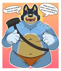 absurd_res anthro bag bandit_heeler bluey_(series) body_hair border bulge canid canine chest_hair clothed clothing dialogue digital_media_(artwork) excited hairy_arms hi_res m00ny male mammal musclegut partially_clothed solo speedo sunset swimwear white_border