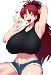 1girls ai_generated alternate_breast_size armpits cleavage fellatio_gesture female female_only grin huge_ass huge_breasts mahou_shoujo_madoka_magica sakura_kyouko shorts smug solo