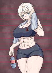 abs big_breasts black_shirt black_shorts blonde_hair blue_eyes faust_(limbus_company) gym gym_clothes holding_bottle limbus_company looking_at_viewer muscular_female project_moon sheepapp sweating