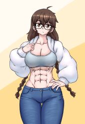 big_breasts blue_shorts brown_eyes brown_hair glasses grey_bra looking_at_viewer muscular_female sheepapp