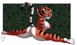 2023 anus ass black_fur black_stripes breasts bunbunmuffinart dreamworks feet feline female female_focus female_only furry green_background kung_fu_panda looking_back master_tigress nipples orange_fur pussy red_eyes splits thick_thighs thighs tiger white_background white_fur yellow_eyes