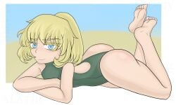 alatir ass ass bikini blonde_hair green_swimsuit laying_down smile swimsuit swimwear tanya_degurechaff thick_thighs thighs youjo_senki