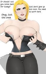 1girl 1girls 2d 2d_(artwork) belly belts big_breasts big_nipples blonde blonde_hair blue_eyes breasts breasts_out bulge bulging_breasts capcom choker comic comic_page corset curvy dante dante_(devil_may_cry) devil_may_cry devil_may_cry_4 dialogue dialogue_box digital_drawing_(artwork) digital_media_(artwork) digital_painting_(artwork) dirty dirty_talk leather leather_clothing leather_pants lips lipstick muscular muscular_female ohmaddoge presenting revealing_clothes shoulders strong_woman thigh_gap thighs tight_clothing trish_(devil_may_cry) voluptuous voluptuous_female wide_hips