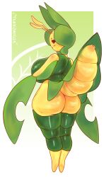 2023 antennae anthro ass big_ass big_breasts breasts bug ctankomega female female_focus female_only green_background green_body leavanny looking_back nintendo pokémon_(species) pokemon rear_view red_eyes thick_thighs thighs white_background yellow_body