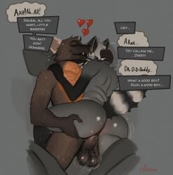 absurd_res anthro ass balls bodily_fluids body_hair canid canine chest_hair closed_eyes daddy_kink dialogue duo erection fluffy fluffy_tail fritzbonn from_front_position fur genitals grey_body grey_fur hairy_balls heart hi_res humanoid_genitalia humanoid_penis intimate lying male male/male mammal moan nude on_back open_mouth penis procyonid raccoon reverse_missionary_position sex sweat sweatdrop tail text_box