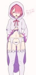 1girls ass_visible_through_thighs english_text fday female female_only garter_belt hair_over_one_eye hood_up hoodie lifted_by_self lifting_dress maid one_eye_covered panties pink_eyes pink_hair presenting ram_(re:zero) re:zero_kara_hajimeru_isekai_seikatsu red_eyes short_hair simple_background small_breasts talking_to_viewer text thick_thighs thigh_gap thighhighs thighs white_background x_hair_ornament