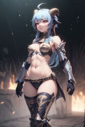 1girls ai_generated blue_hair bra breasts female gloves horns kirill782 long_hair looking_at_viewer medium_breasts original original_character panties sad solo stable_diffusion stockings