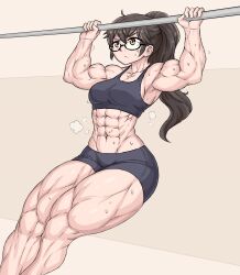 big_breasts brown_eyes brown_hair glasses grey_shirt grey_shorts gym gym_clothes lifting muscular_female sheepapp sweating