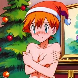 1girls ai_generated blue_eyes blush breasts christmas christmas_hat christmas_tree covered_nipples covering_breasts covering_nipples embarrassed female female_only hentai_world kasumi_(pokemon) nintendo orange_hair pokemon santa_hat solo topless