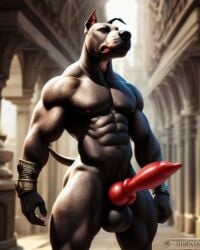 1boy ai_generated anthro anthrofied canid canine canine_genitalia canine_penis canis domestic_dog humanoid knot male male_only monster monster_cock muscles muscular muscular_male pitbull solo