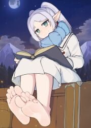 1girls barefoot book boots_removed clothed earrings elf elf_ears elf_female feet female female_only foot_fetish foot_focus frieren green_eyes long_hair looking_at_viewer pointy_ears scarf smile smiling_at_viewer softhanten soles solo sousou_no_frieren tagme toes white_hair