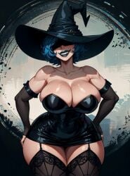 ai_generated big_breasts blue_hair breasts busty cordelia_(dead_estate) dead_estate dead_eyes female female_focus female_only hair_over_eyes hourglass_figure lipstick makimass_ai pinup pinup_pose short_hair tagme wide_hips witch_hat