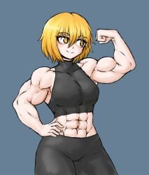 abs big_breasts big_muscles blonde_hair don_quixote_(limbus_company) flexing_bicep grey_shirt grey_shorts limbus_company muscular_female project_moon sheepapp smiling tight_clothing yellow_eyes