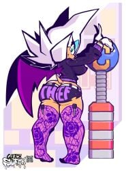 2019 anthro ass bat bat_wings belt bottomless digital_media_(artwork) fishnets glitchslime jacket large_ass looking_at_viewer looking_back rouge_the_bat shorts sonic_(series) stockings white_fur wings