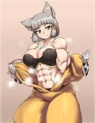 abs big_biceps big_breasts black_bra blushing cat_ears catgirl core_crystal looking_at_viewer muscular_female nia_(xenoblade) open_clothes sheepapp smiling_at_viewer sweat white_armwear xenoblade_(series) xenoblade_chronicles_2 yellow_clothing