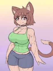 big_breasts blue_shorts blushing brown_eyes brown_hair brown_tail cat_ears cat_tail catgirl green_shirt muscular_female sheepapp smiling_at_viewer tight_clothing