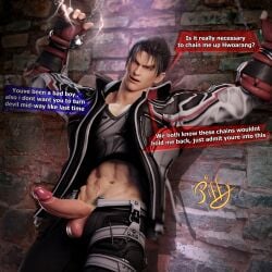 1boy 3d abs against_wall balls belly_button chains clothes dialogue front_view jin_kazama kazama_jin looking_at_viewer male_focus male_only midriff penis piffy restrained solo solo_male standing tekken text three-quarter_portrait undressing wall