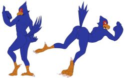 absurd_res all_fours anthro anus ass ass_up avian balls beak bird blue_body blue_feathers falco_lombardi falcon falconid feather_hands feathers feet genitals gesture hi_res jrjresq looking_at_viewer looking_back looking_back_at_viewer male multiple_images nintendo nude raised_tail rear_view solo star_fox tail tail_feathers talons thumbs_up toes