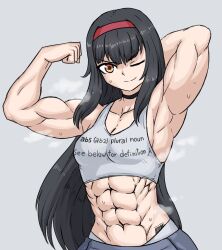 abs black_hair flexing_bicep gym_clothes muscular_arms muscular_female sheepapp smiling_at_viewer sweatdrop text_on_clothing