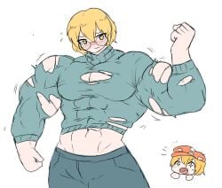 androgynous blush_lines don_quixote_(limbus_company) grey_shirt limbus_company muscular_body muscular_male no_visible_genitalia project_moon ripping_clothing sheepapp sinclair_(limbus_company) yellow_eyes yellow_hair