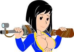 animated biting_lip breasts_out bursting_breasts exposed_breasts fallout fallout_4 mob_face rifle unzipped unzipped_bodysuit unzipping vault_girl vault_suit weapon