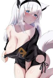 1girls animal_ears bare_shoulders blue_eyes blush breasts female female_only fox_ears fox_girl fox_tail heavy_breathing hi_res hololive hololive_gamers hololive_gen_1 hololive_japan kneeling kokihanada light-skinned_female light_skin long_hair looking_at_viewer no_bra no_panties shirakami_fubuki shirt_only shirt_pull simple_background solo tail virtual_youtuber vtuber white_hair